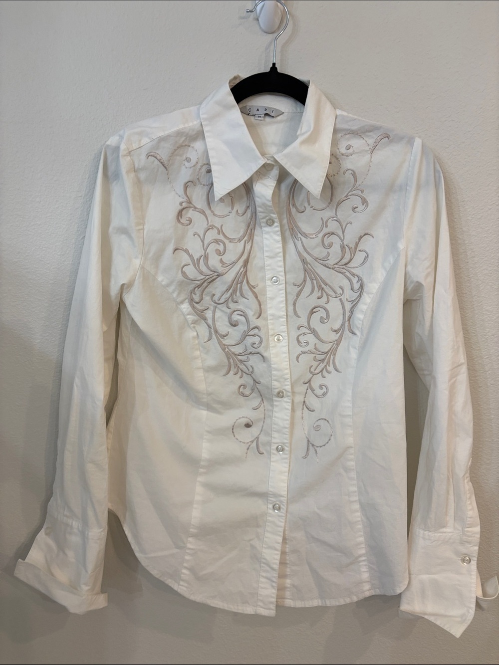 CAbi White Button-Down Shirt with Beige Embroidery
